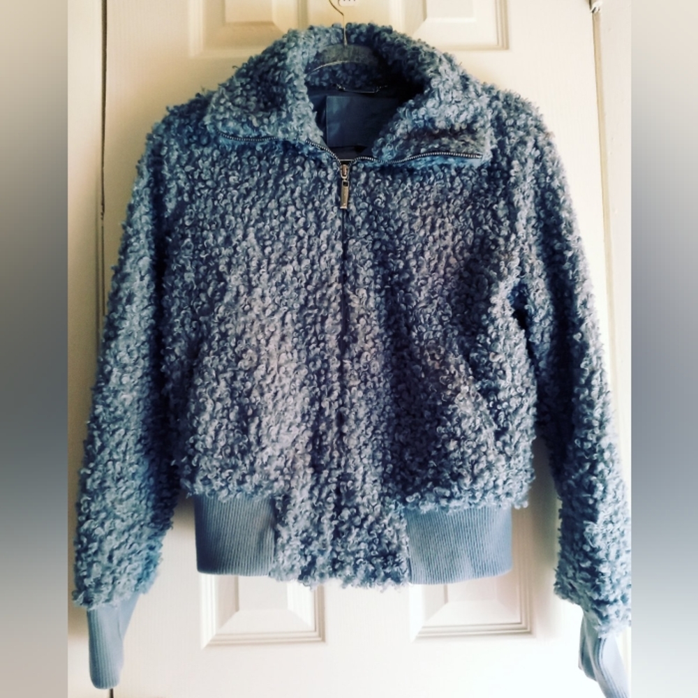 Cozy & Cuddly! Women's Teddy Bear Bomber Jacket Steel/Slate Blue Size Medium